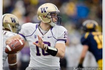 University of Washington quarterback Jake Locker looks for a receiver during a November game against the University of California at Berkeley.