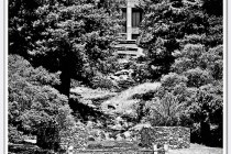 The bride and groom pose near the bottom of the 242 step granite staircase at Joaquin Miller park in Oakland, CA