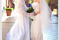 The brides exchanged vows in the Screening room of the Delancey Street Foundation
