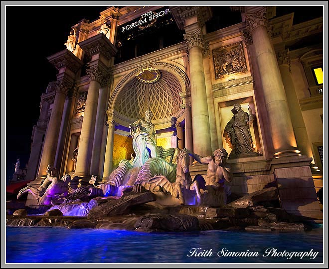Fountain at night outside the Forum Shops in Las Vegas