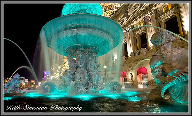 Night time view of fountains outside the Paris Hotel in Las Vegas