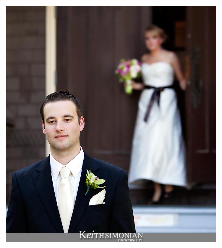 The first time - Kevin waits outside the chapel to see Amanda in her wedding dress for the first time