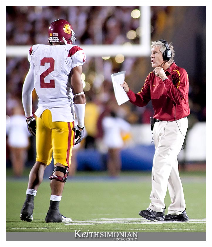 No. 2 Taylor Mays talks with USC head coach Pete Carroll during a 2009 football game with the University of California at Berkeley Golden Bears.