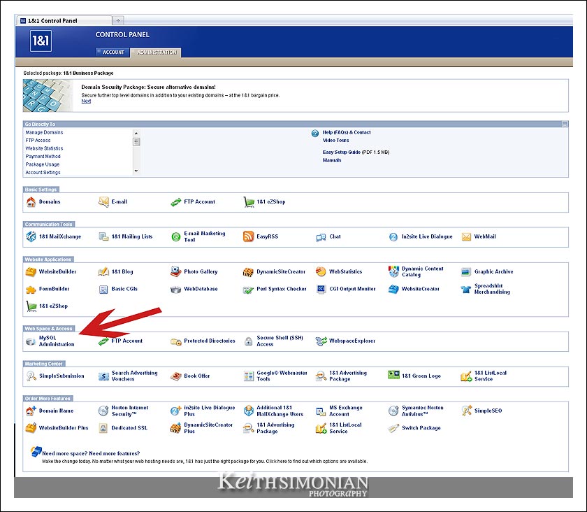 1and1.com control panel with MySQL Adminsitration icon highlighted 