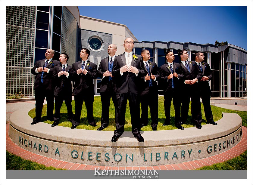 Groom, Best Man, and Groomsmen pose for photo outside the school library at the University of San Francisco ( USF )