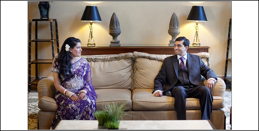 Bride and groom portrait in lobby of Fremont - Newark Hilton Hotel in California