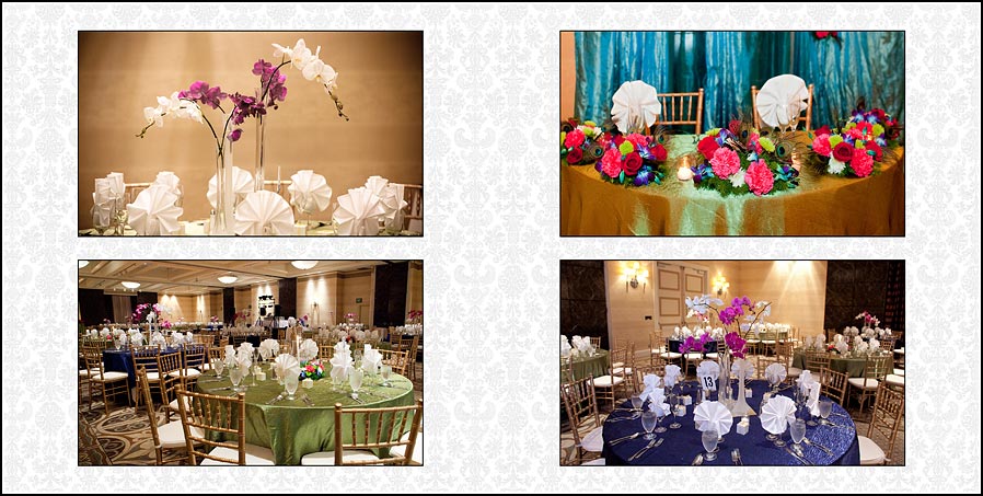 Flowers adorn the tables at the wedding reception in the Fremont - Hilton Hotel in California