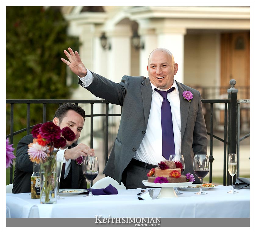 The best man toasts the bride and groom during the backyard reception in the Napa Valey