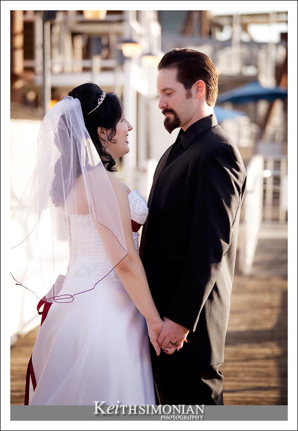 Bride and Groom portrait on pier in Old Sacramento