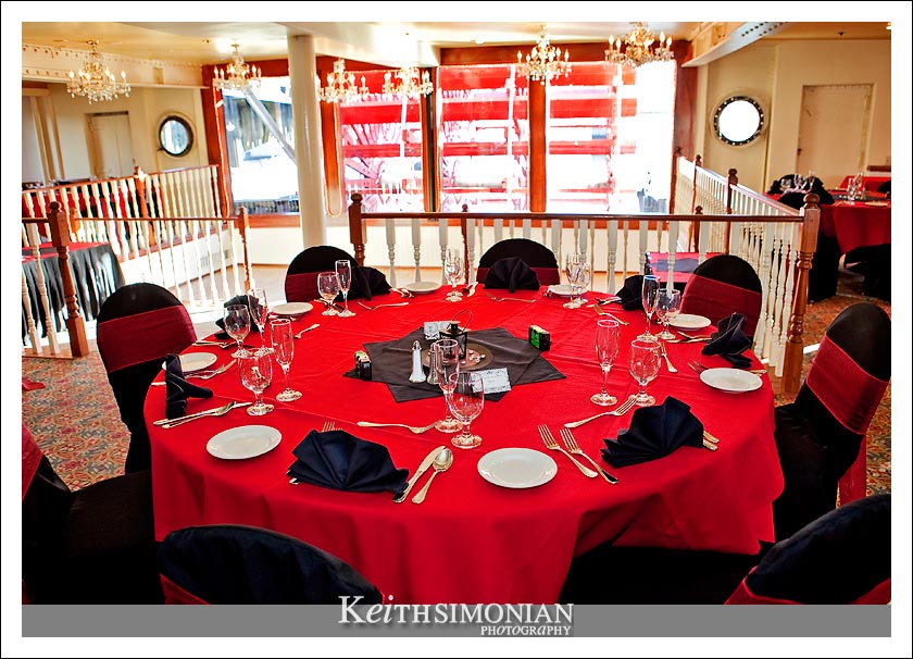 table setting in the Paddle Wheel Lounge on the Delta King Hotel