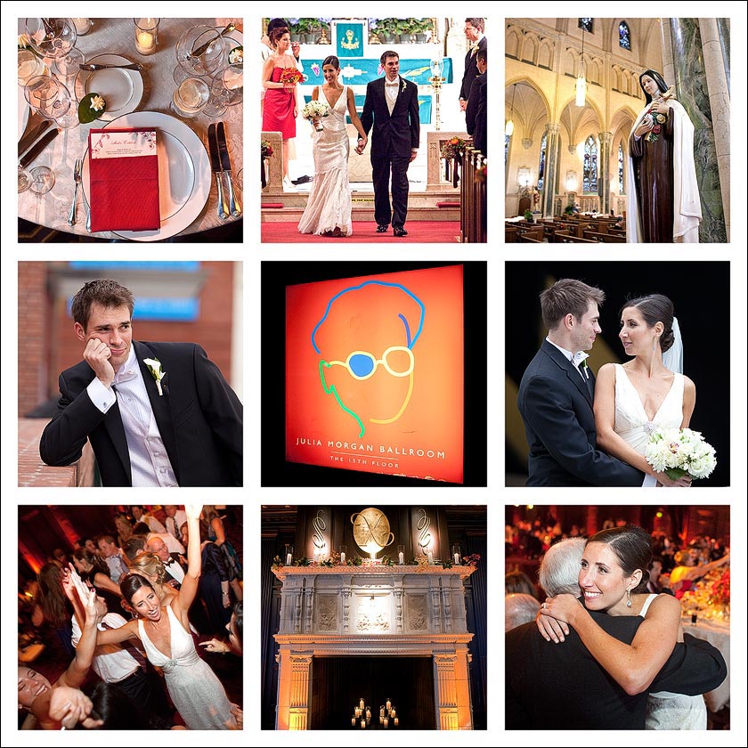 Photo cube with the groom, the bride, fireplace, table setting, St Patrick's church, father of the bride, bride dancing, the Julia Morgan Ballroom in the Merchants Exchange building in San Francisco, CA