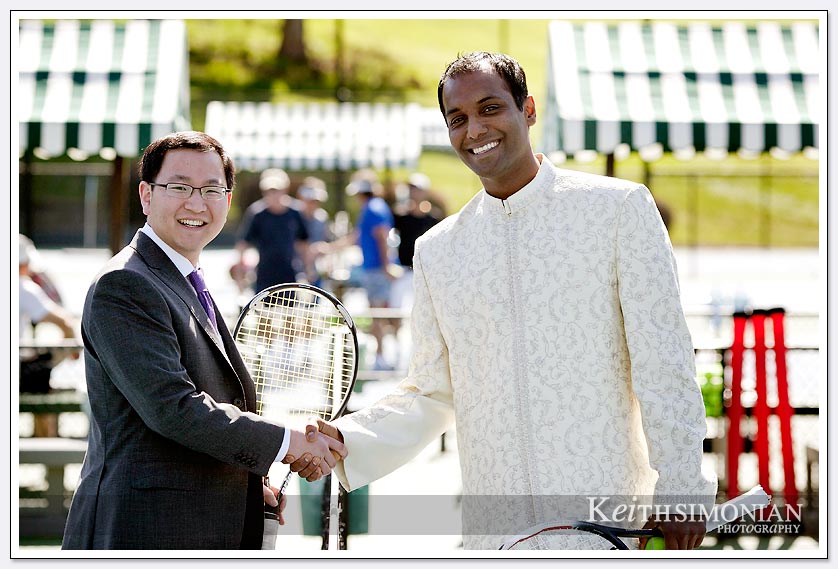 The groom and friend shake hands after some tennis at the Castlewood Country Club in Pleasanton, California
