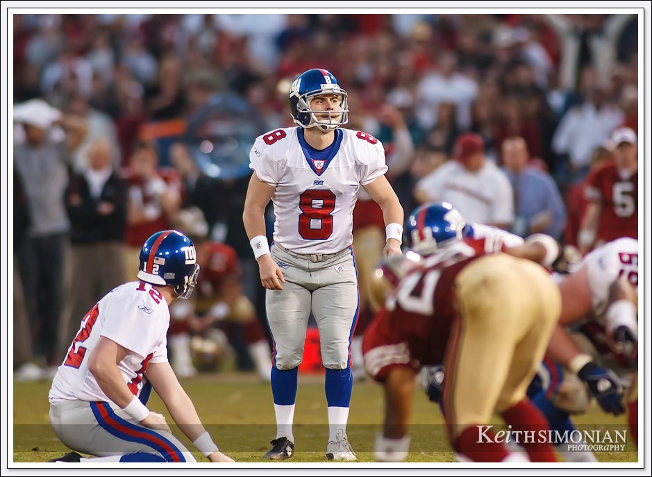 New York Giants kicker sets up for a field goal against the San Francisco 49ers at Candlestick Park - 2003