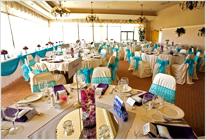 Blue and white chair covers for wedding reception at Discovery bay country club