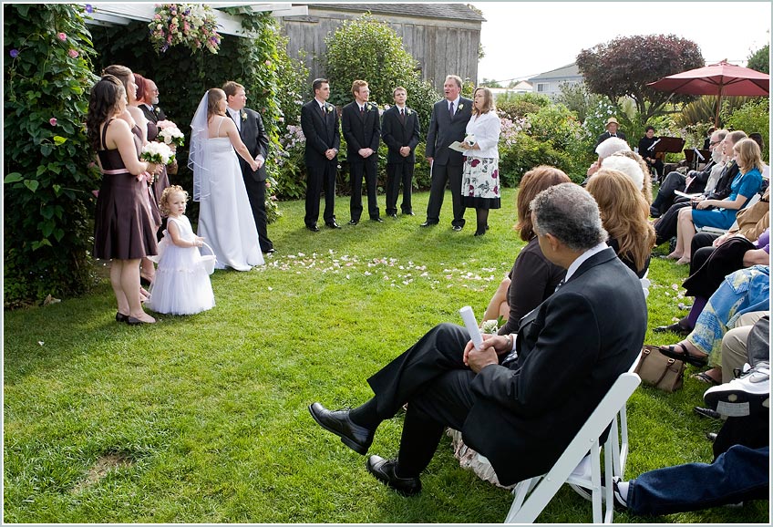 Wedding ceremony in the garden - San-Benito-House-Half-Moon-Bay-02 Guests view the wedding ceremony and bridal party