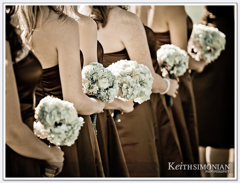 The bridesmaids and their flowers lined up in a row