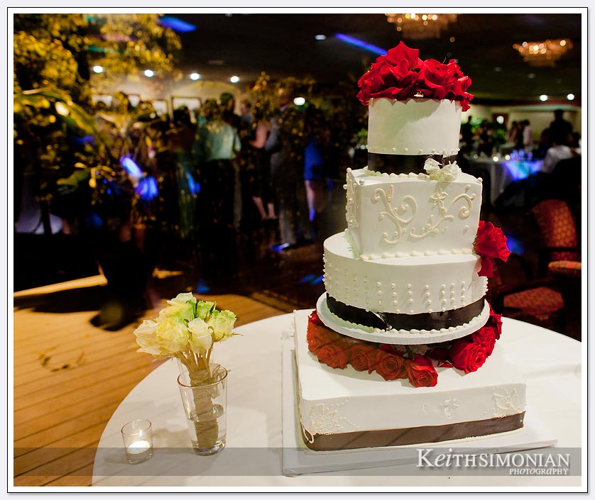 the white wedding cake frames the photo of the reception