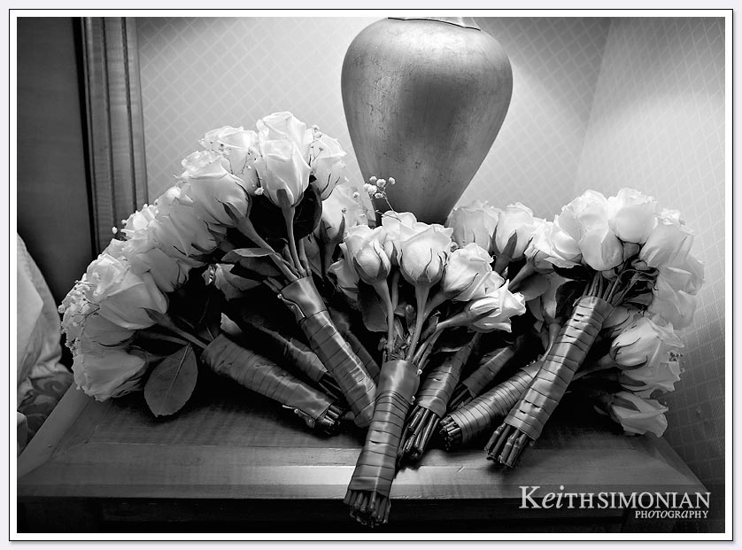 Black and white photo of brides maids flowers at Newark Hilton Hotel
