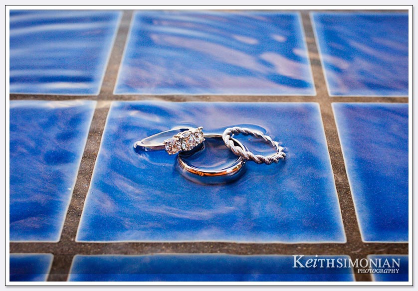 Ring photo on the blue tile of the swimming pool
