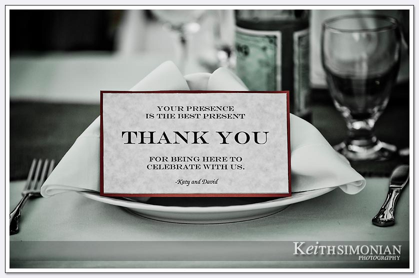 A note thanking each guest awaits them at the wedding day reception in the Napa valley backyard