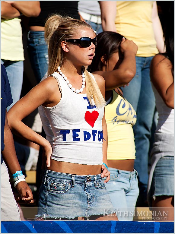This Cal coed is wearing an homemade I Love Tedford shirt during the 2005 season opener against Iillinois