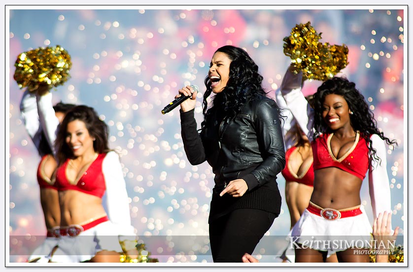 Pom Poms, 49ers cheerleads,a and fireworks highlight the halftime show by Jordin Sparks