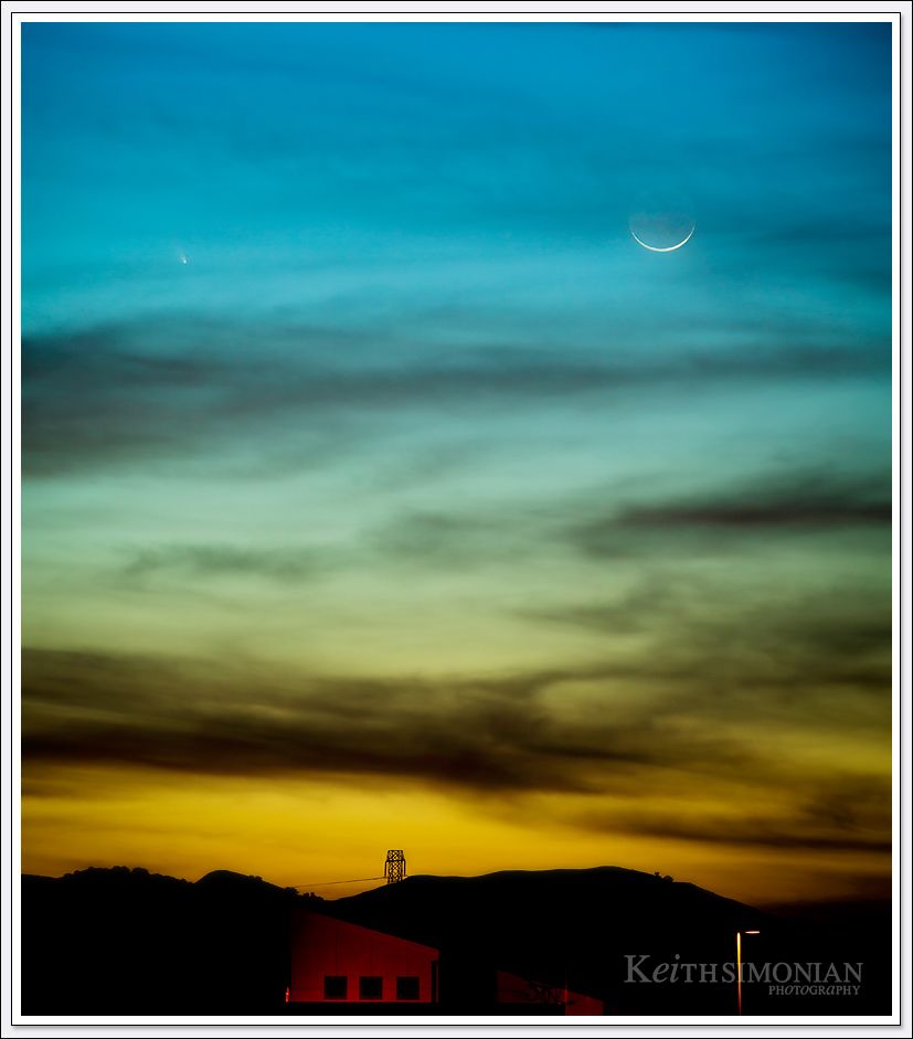 The comet PANSTARRS seen over the San Francisco Bay area along with the waxing crescent moon
