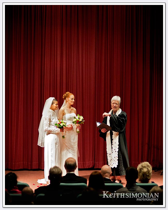 The brides exchanged vows in the screening room at the Delancey Street foundation in San Francisco