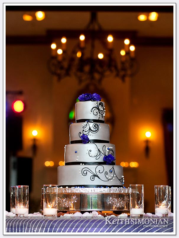 The silver wedding cake accents the room at the Clos La Chance winery