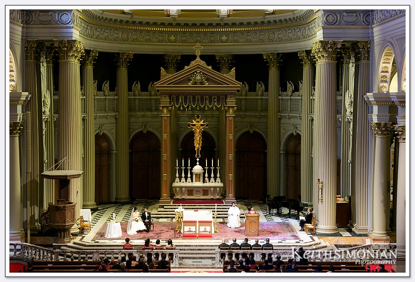 The wedding ceremony at St. Ignatius church in San Francisco viewed from the balcony.
