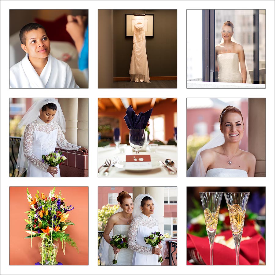 The square of nine photos include images of flowers, getting ready, bridal portraits, wedding dress, and  champagne glasses.