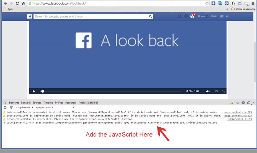 Add text to the Chrome JavaScript console to save Facebook look back movie