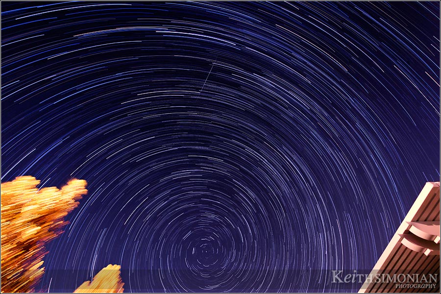 This image stack shows 168 photos compiled to make the Star Trails and which also captured the Perseid Meteor shower