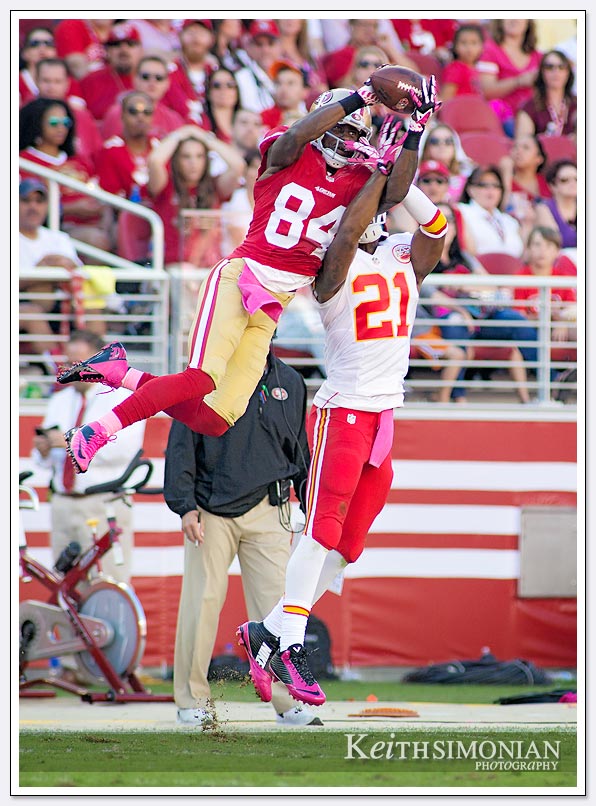 #84 Brandon Lloyd of the San Francisco 49ers makes a spectacular catch while covered by #21 Sean Smith of the Kansas City Chiefs in an October 5th, 2014 game at Levi Stadium in Santa Clara.