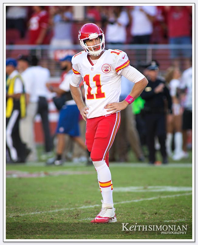 NFL football: Alex Smith #11 of the Kansas City Chiefs walks off the field after throwing an interception in the final quarter in a game the featured  Kansas City Chiefs and San Francisco 49ers at Levi Stadium on October 5, 2014 in Santa Clara, California.