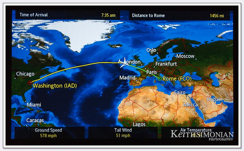 The screen shows the location of our flight from Dulles airport in Washington DC to Rome, Italy