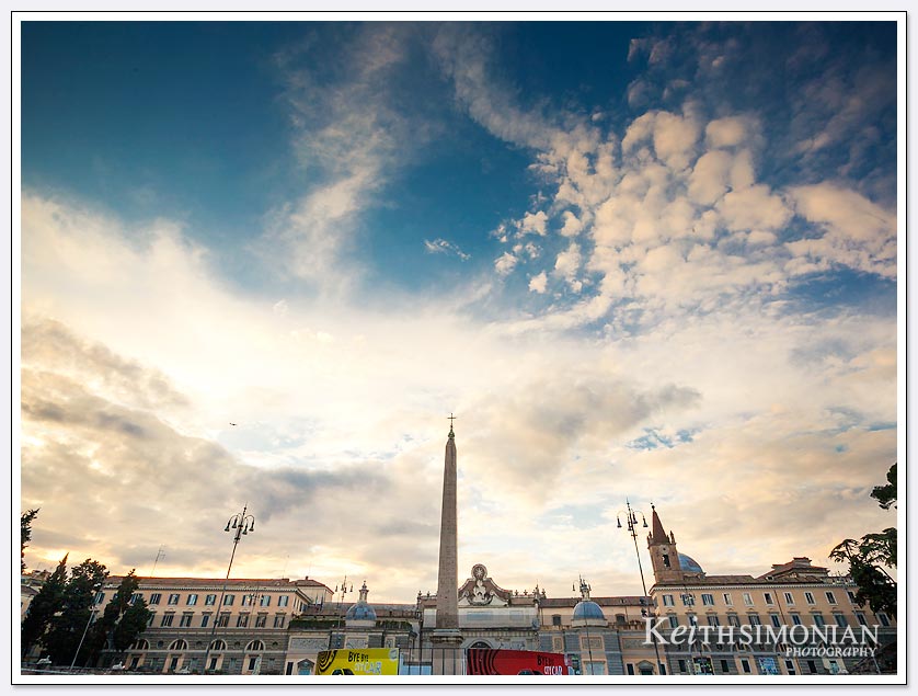 Cloud filled sunset at Piazza del Popolo in Rome Italy