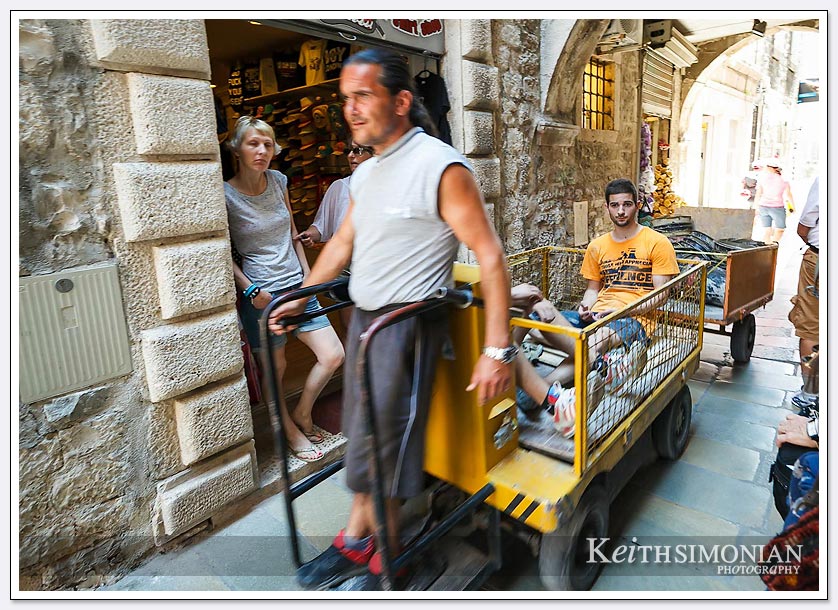 The only way for the merchandise to reach the stores is with narrow carts for the narrow walkways - Split, Croatia