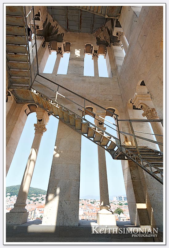 Wide angle view looking up inside the bell tower - Split, croatia