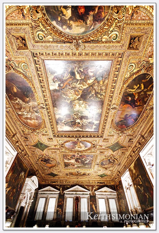 No space goes un-painted as the ceiling in this church is decorated - Venice, Italy.