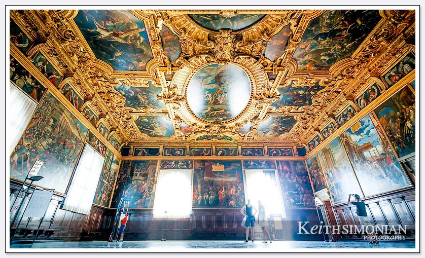 View of gold and paintings on the ceiling of the council chamber in Doge's palace - Venice Italy