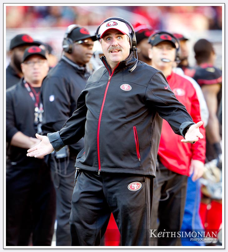 Jim Tomsula looks somewhat surprised by a call during the San Francisco 49ers game against the Arizona Cardinal on November 29, 2015 at Levi's Stadium in Santa Clara, CA.