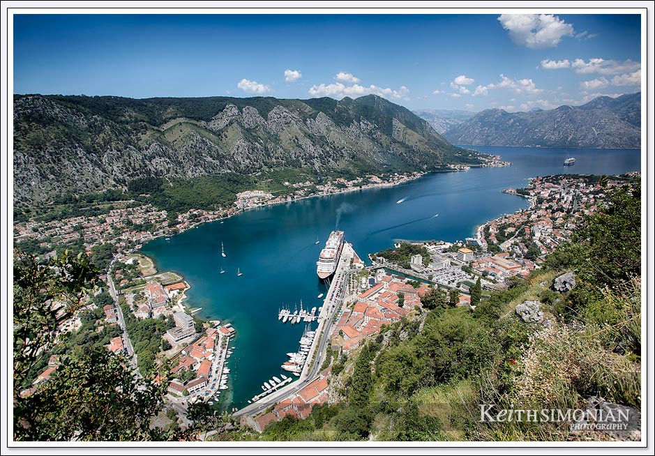 View of the harbor and ships from atop the mountains of Kotor, Montenegro.