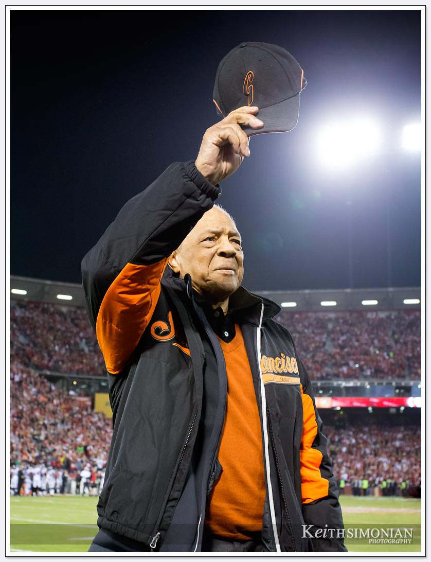 Willie Mays waves to the crowd at the last sporting event to take place in Candlestick Park on December 23, 2013 as the San Francisco 49ers played the Atlanta Falcons. 