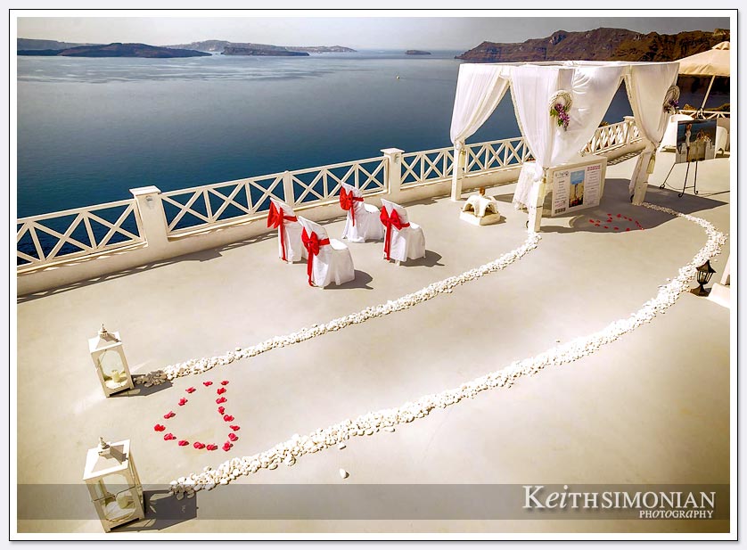 Wedding site on Santorini, Greece with view of Aegean Sea