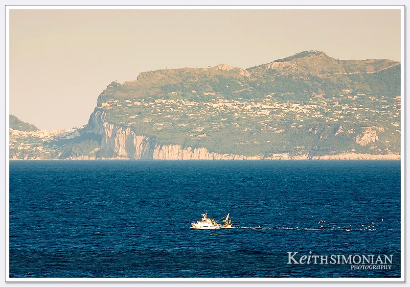 Fishing boat with seagulls trailing behind hoping for a free meal. - Capri, Italy