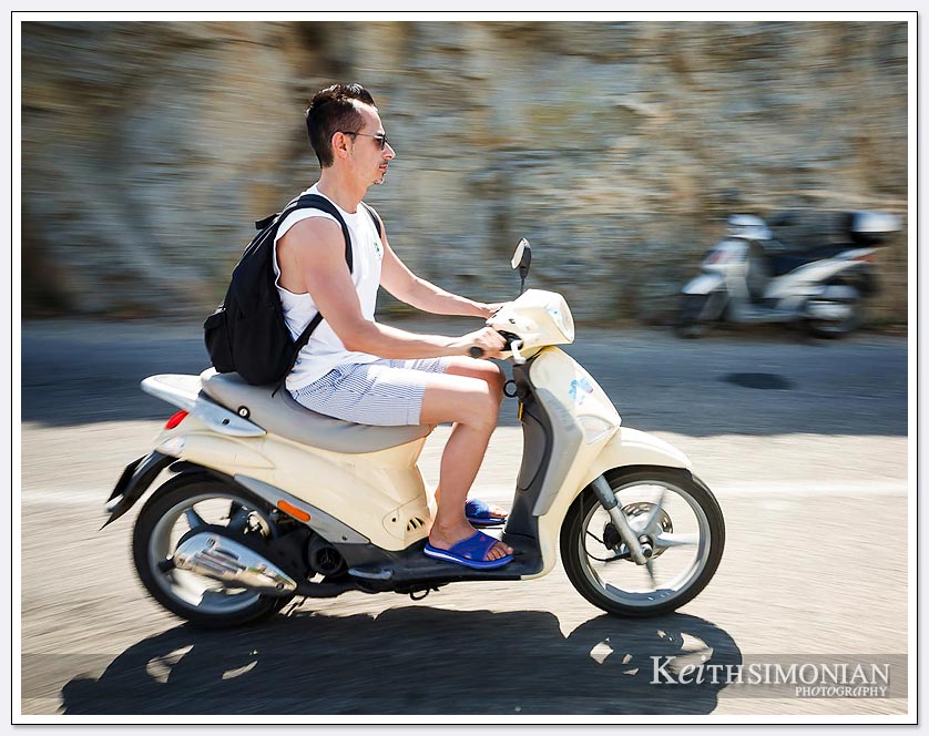 What could possible go wrong driving at 30 mph without a helmet or even shoes? Mykonos, Greece