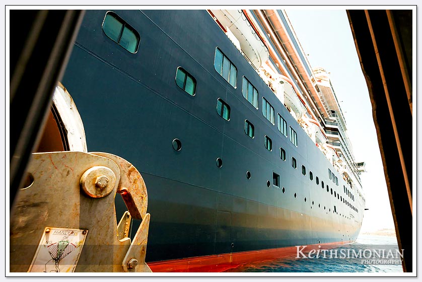 The dark blue hull of our cruise ship the MS Zuiderdam in the Augean Sea