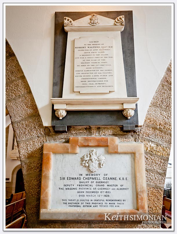 A plaque inside a church in Guernsey - St. Peter Port dedicated to the memory of Sir Edward Chepmell Ozanne.