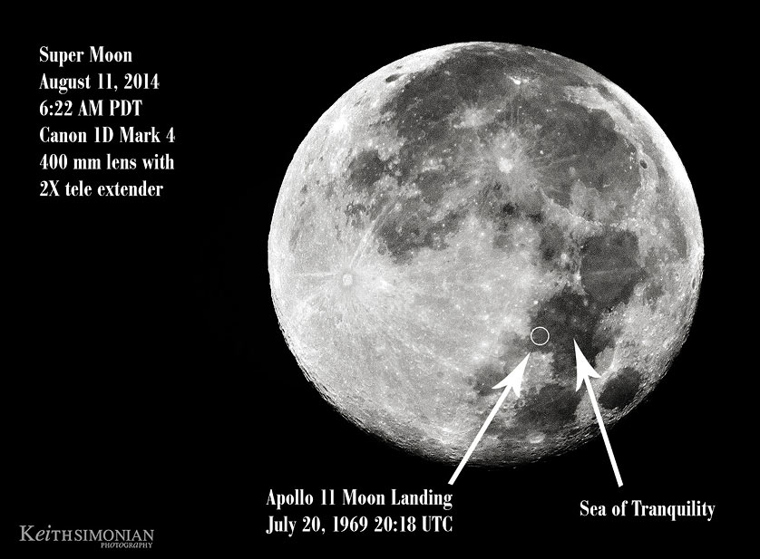 2014 Super Moon with landing site of Apollo 11 indicated.